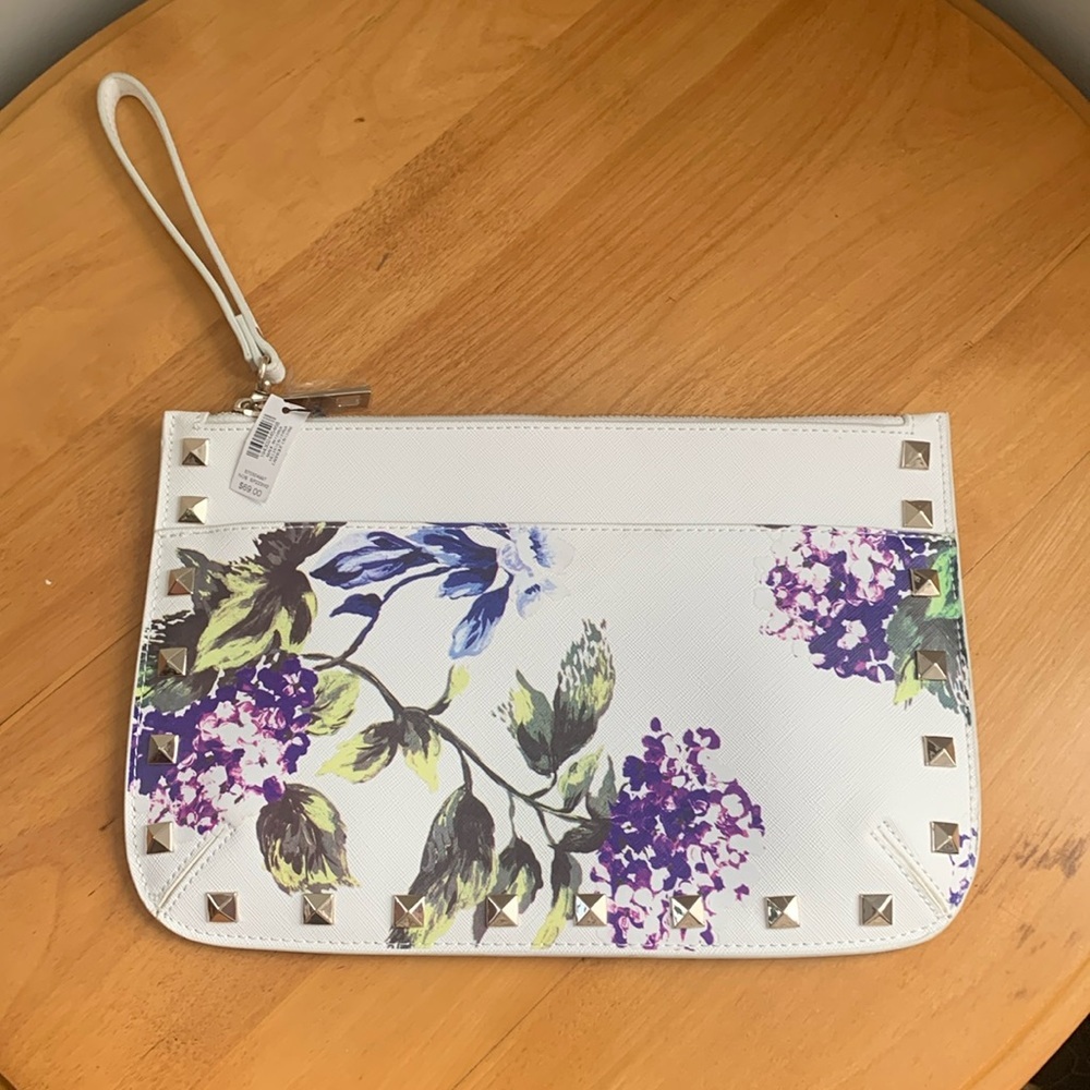 White House Black Market Studded Wristlet Zippered Clutch Purple Hydrangeas NWT